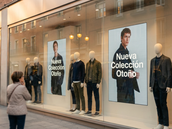 Pantalla de cartelería digital en la vidriera de una tienda de moda en España, mostrando contenido visual para captar la atención de los transeúntes.