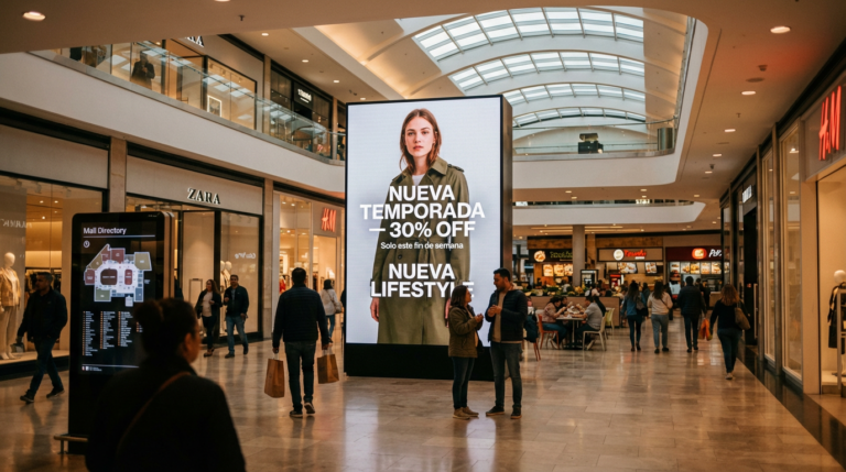 Cartelería digital en un centro comercial de España mostrando contenido publicitario y mensajes informativos para clientes.