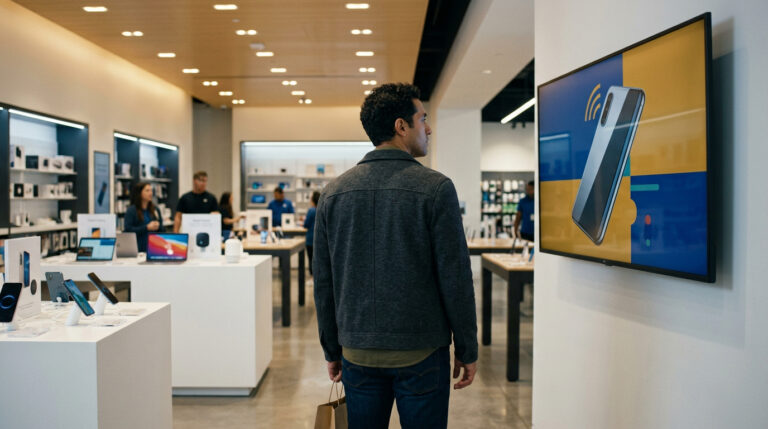 Persona mirando pantalla de cartelería digital en tienda de electrónica moderna
