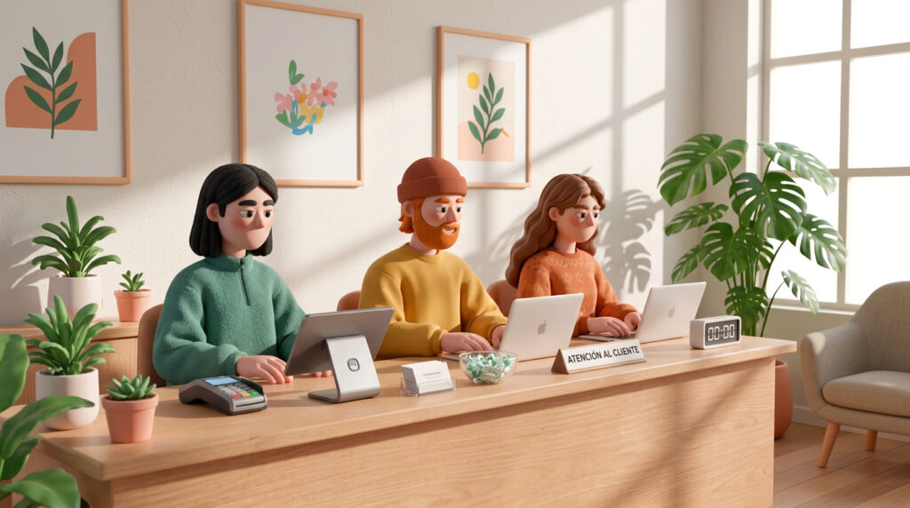 Imagen representativa de herramientas utilizadas en atención al cliente, incluyendo software, chat en línea y soporte telefónico.