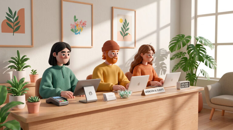 Imagen representativa de herramientas utilizadas en atención al cliente, incluyendo software, chat en línea y soporte telefónico.