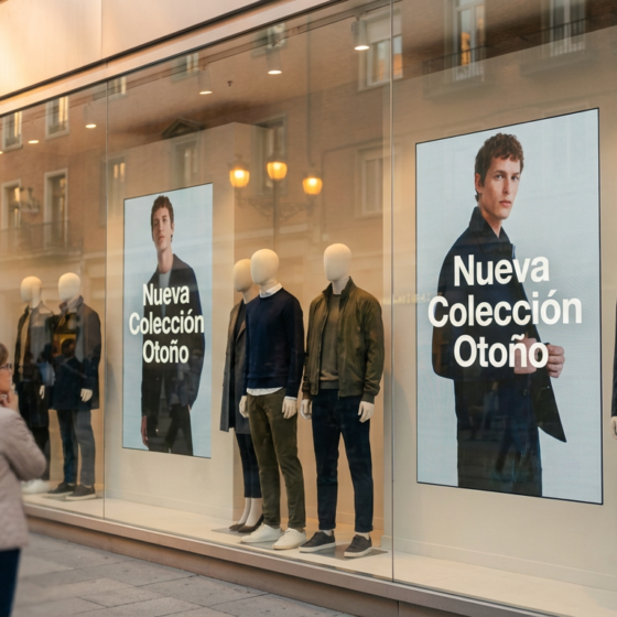 Pantalla de cartelería digital en la vidriera de una tienda de moda en España, mostrando contenido visual para captar la atención de los transeúntes.