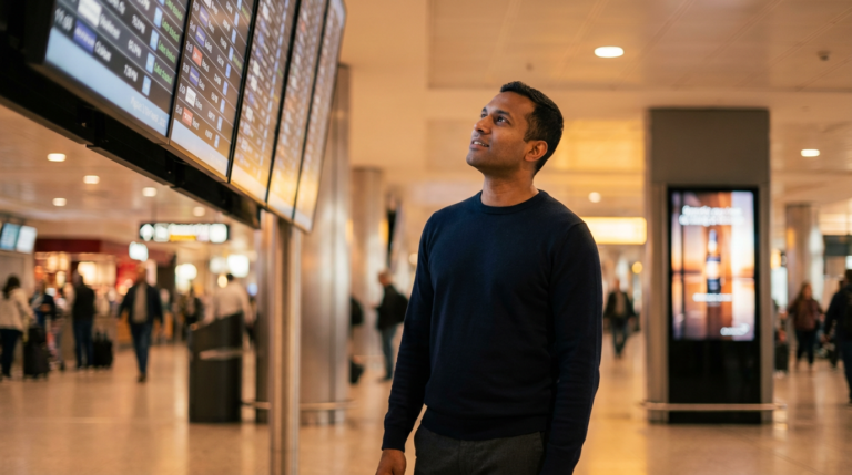 Cartelería digital en el aeropuerto de Barajas que ofrece información en tiempo real sobre salidas y llegadas de vuelos.
