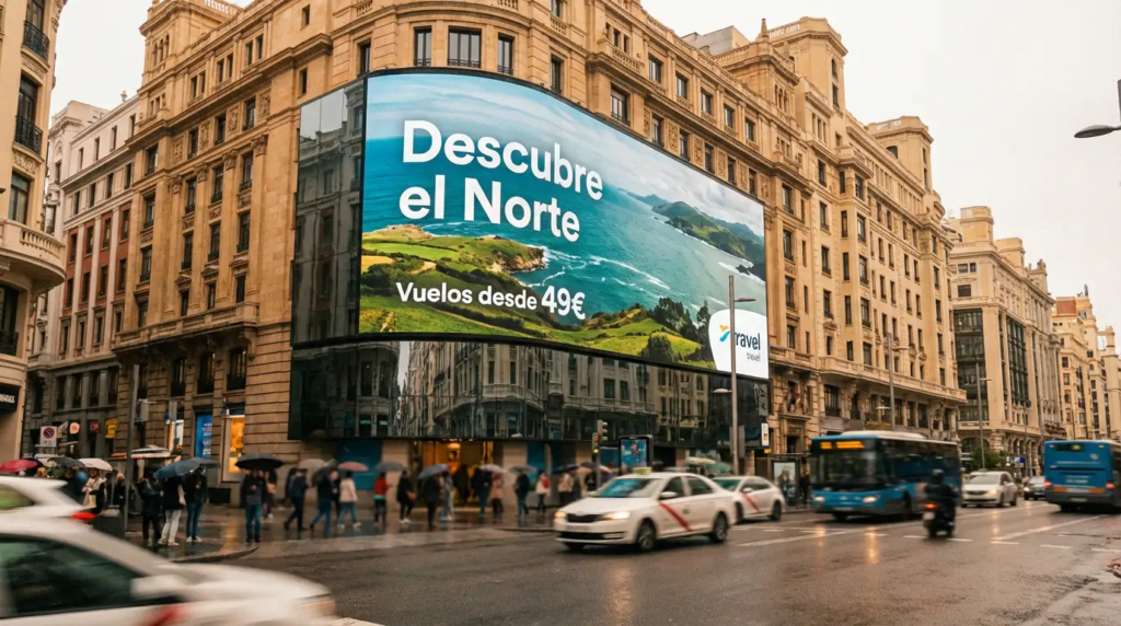 Pantalla de digital signage empotrada en edificio de la Gran Vía de Madrid mostrando anuncio turístico y pronóstico del tiempo
