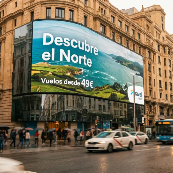 Pantalla de digital signage empotrada en edificio de la Gran Vía de Madrid mostrando anuncio turístico y pronóstico del tiempo