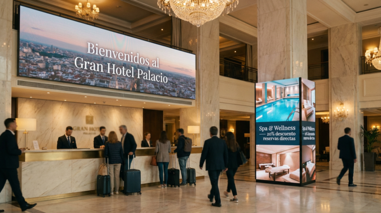 Pantalla de bienvenida digital en la recepción del hotel, diseñada para mejorar la experiencia de los huéspedes.