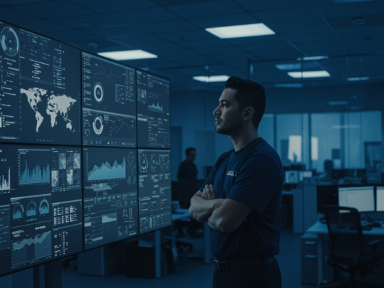 Técnico frente a videowall con dashboard corporativo en sala de control