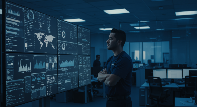 Técnico frente a videowall con dashboard corporativo en sala de control